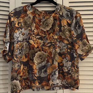 Zara Large Cropped Floral Top Blouse Short Sleeve orange brown yellow silky